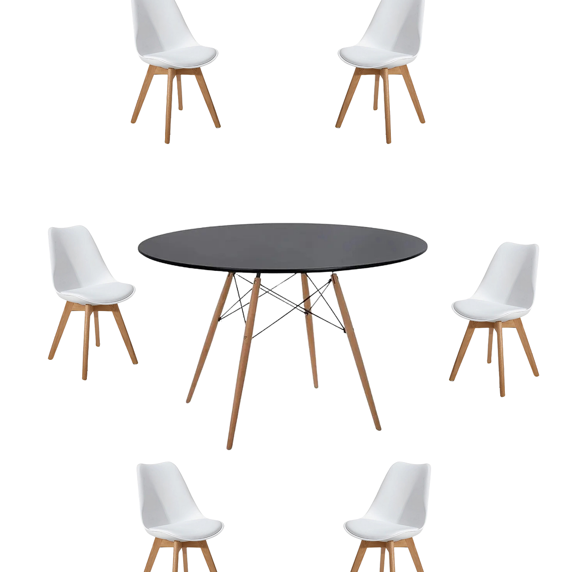 Comedor Mesa Redonda Melamina Eames Negra 120 cm + Sillas Tulip 5