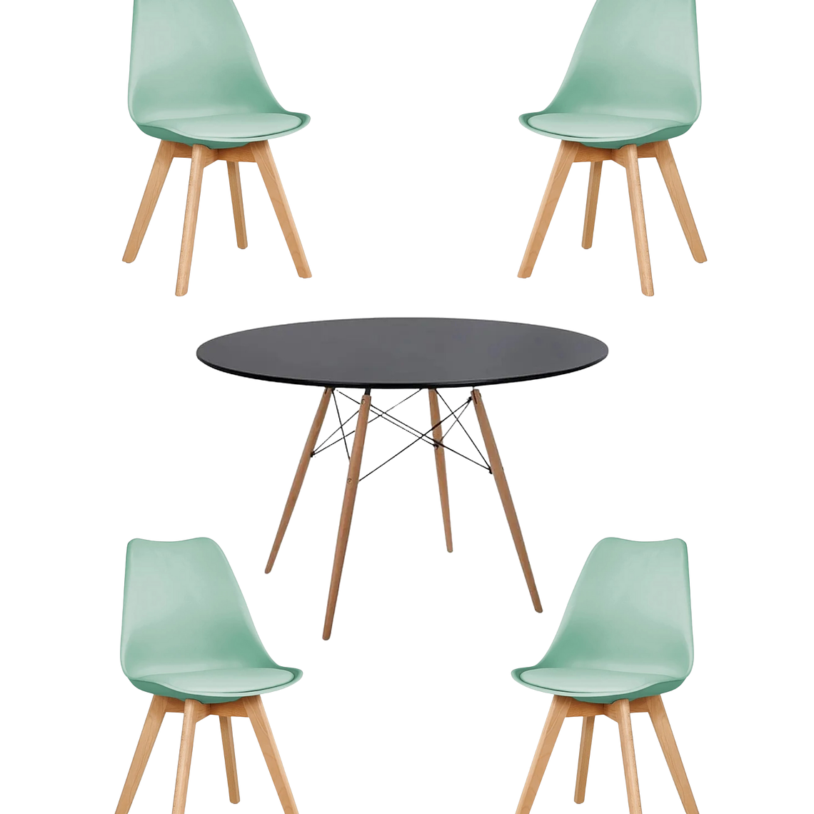 Comedor Mesa Redonda Melamina Eames Negra 120 cm + Sillas Tulip 6