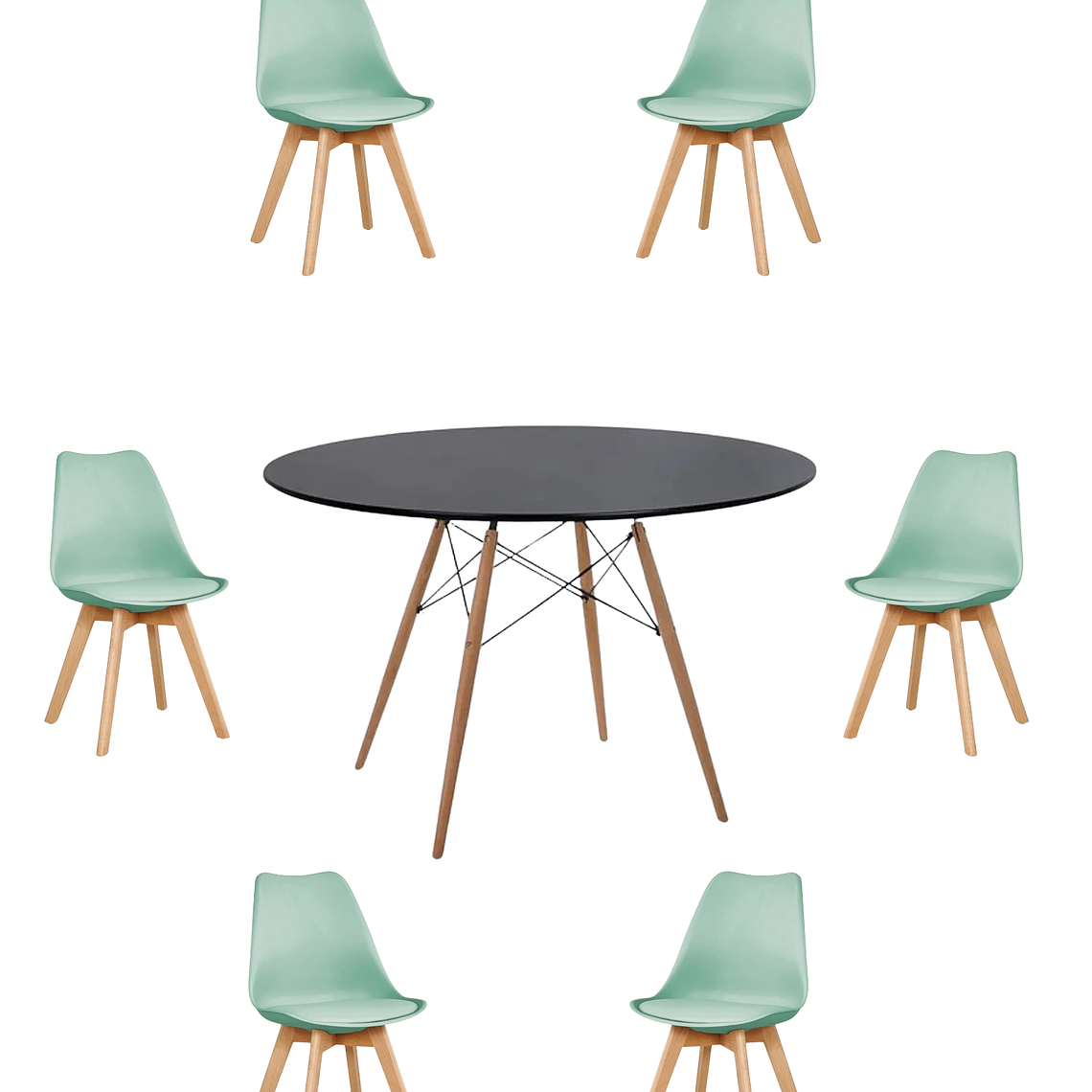 Comedor Mesa Redonda Melamina Eames Negra 120 cm + Sillas Tulip 7