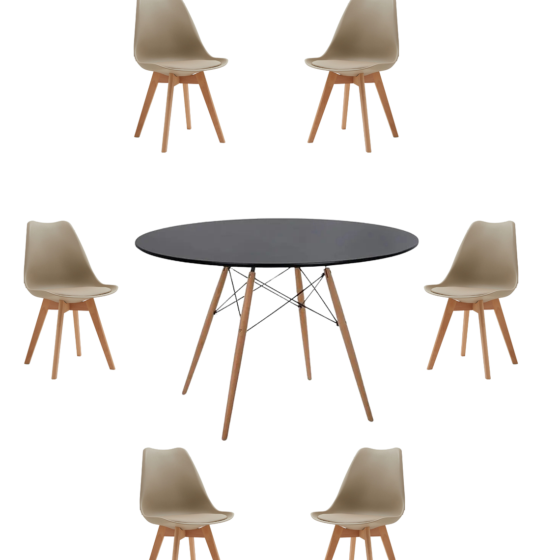 Comedor Mesa Redonda Melamina Eames Negra 120 cm + Sillas Tulip 13