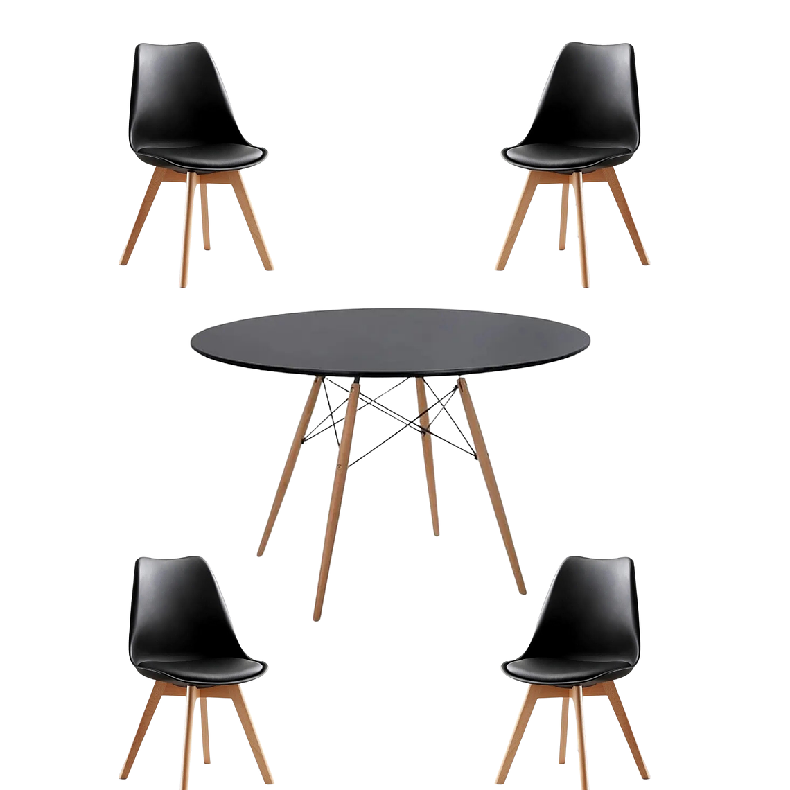 Comedor Mesa Redonda Melamina Eames Negra 120 cm + Sillas Tulip 14