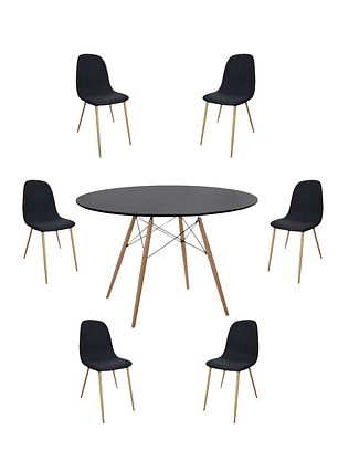 Comedor Mesa Redonda Melamina Eames Negra 120 cm + Sillas Scoop