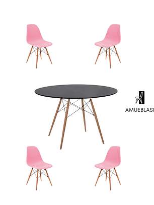 Comedor Mesa Redonda Melamina Eames Negra 120 cm + Sillas Eames