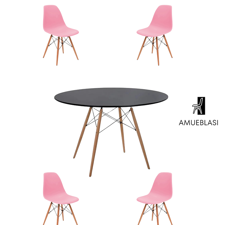 Comedor Mesa Redonda Melamina Eames Negra 120 cm + Sillas Eames 1