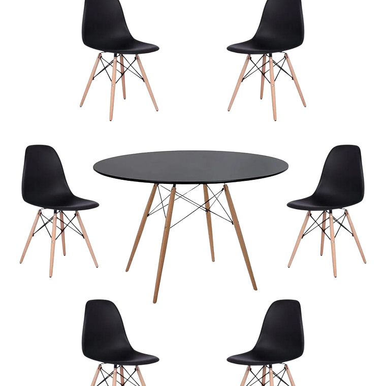 Comedor Mesa Redonda Melamina Eames Negra 120 cm + Sillas Eames 4