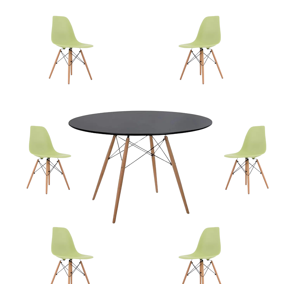 Comedor Mesa Redonda Melamina Eames Negra 120 cm + Sillas Eames 6