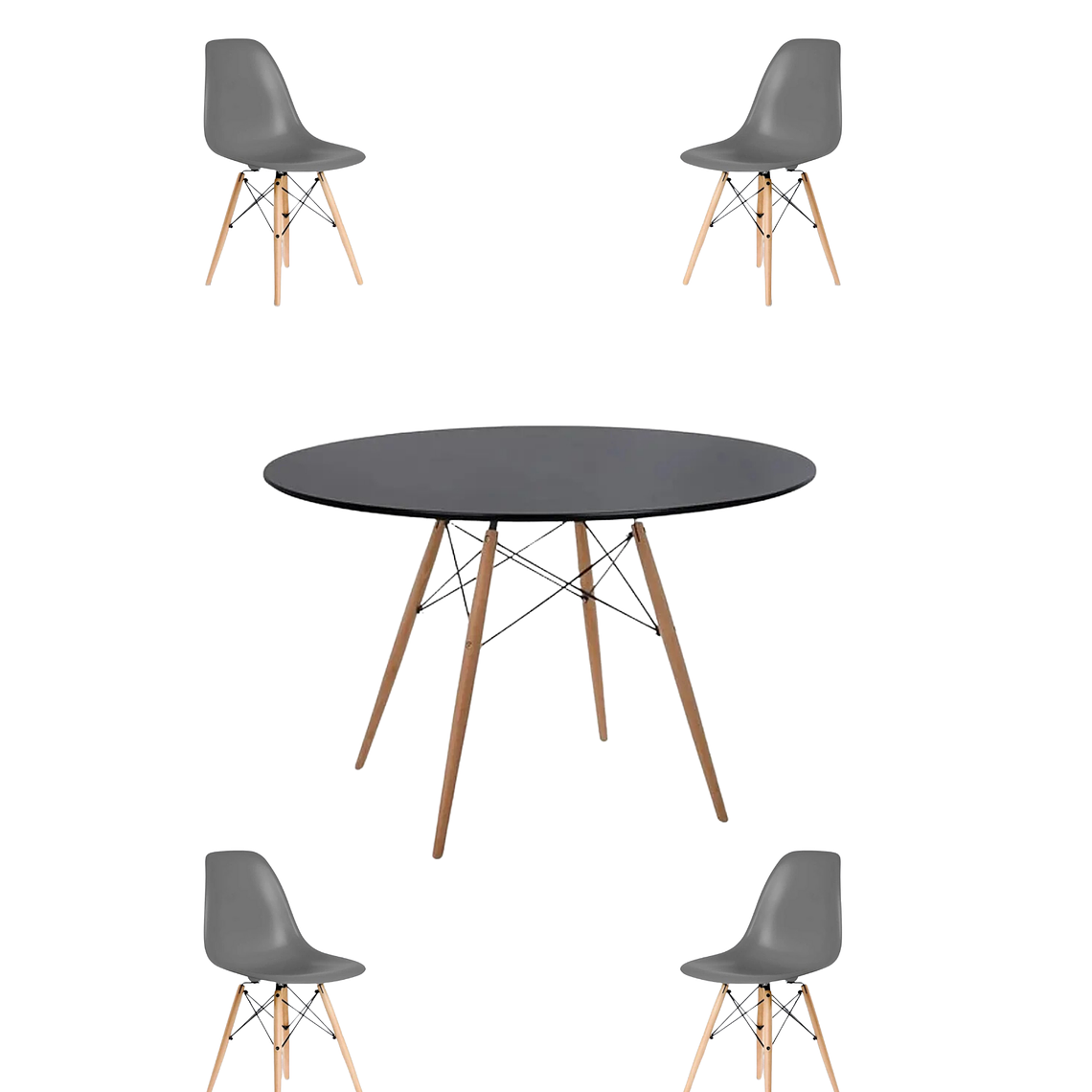 Comedor Mesa Redonda Melamina Eames Negra 120 cm + Sillas Eames 7