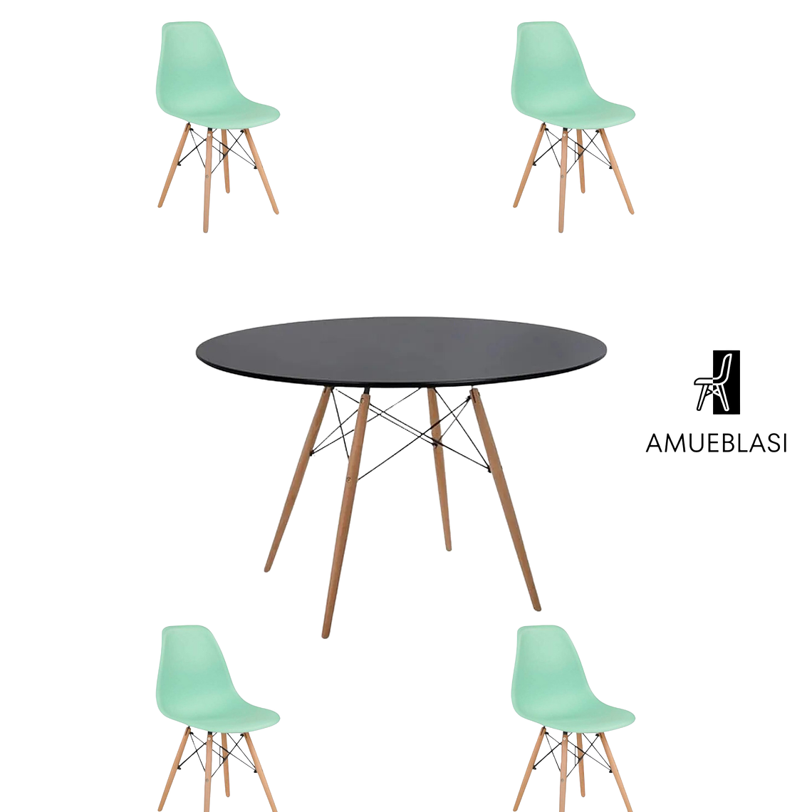 Comedor Mesa Redonda Melamina Eames Negra 120 cm + Sillas Eames 11