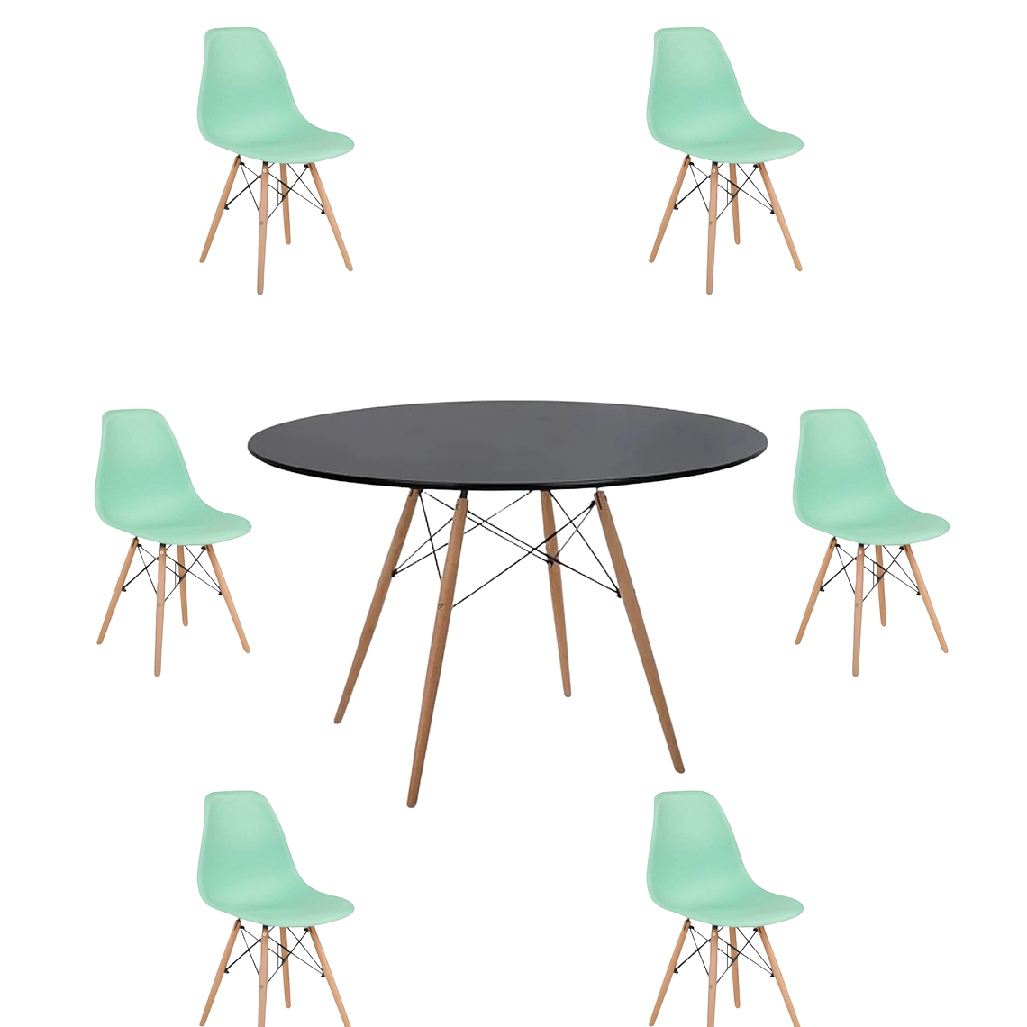 Comedor Mesa Redonda Melamina Eames Negra 120 cm + Sillas Eames 12