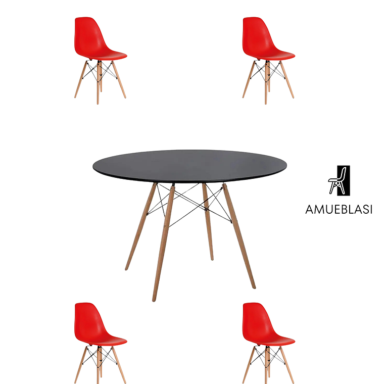 Comedor Mesa Redonda Melamina Eames Negra 120 cm + Sillas Eames 13
