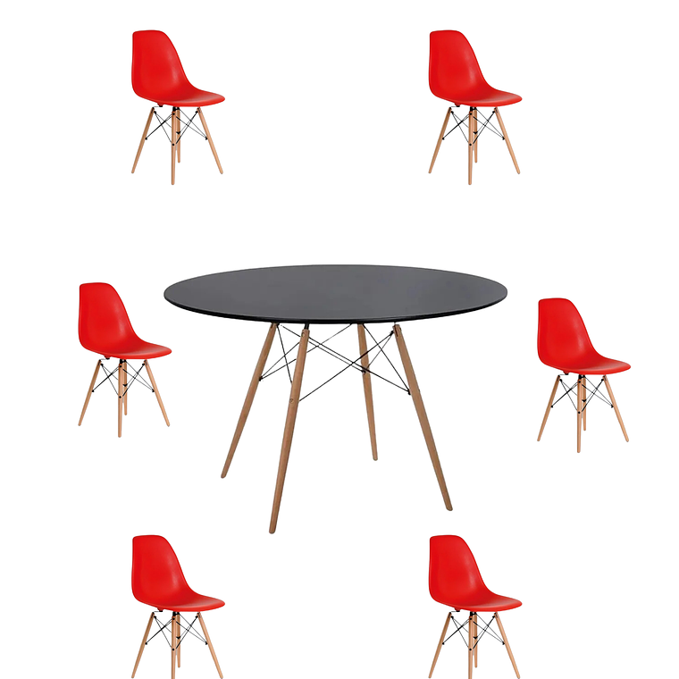 Comedor Mesa Redonda Melamina Eames Negra 120 cm + Sillas Eames 14