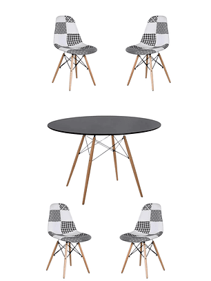Comedor Mesa Redonda Melamina Eames Negra 120 cm + Sillas Patchwork