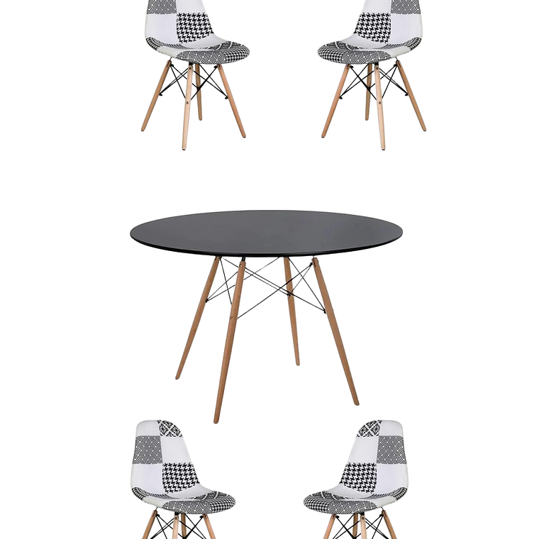Comedor Mesa Redonda Melamina Eames Negra 120 cm + Sillas Patchwork 1