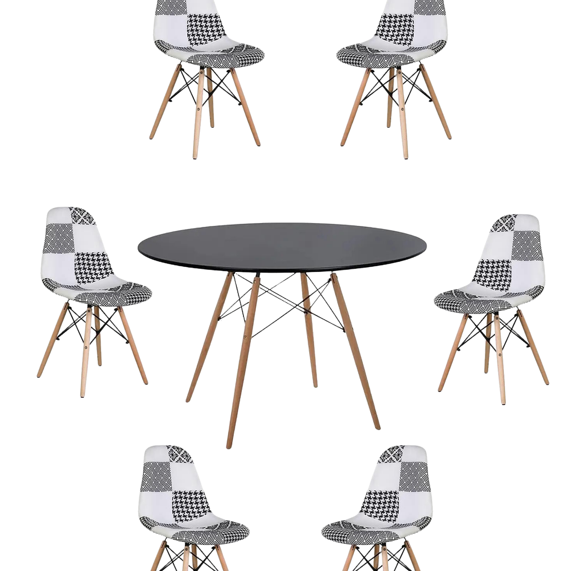 Comedor Mesa Redonda Melamina Eames Negra 120 cm + Sillas Patchwork 2