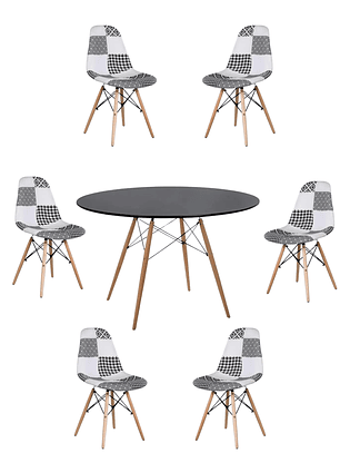 Comedor Mesa Redonda Melamina Eames Negra 120 cm + Sillas Patchwork