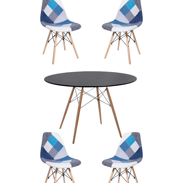 Comedor Mesa Redonda Melamina Eames Negra 120 cm + Sillas Patchwork 3
