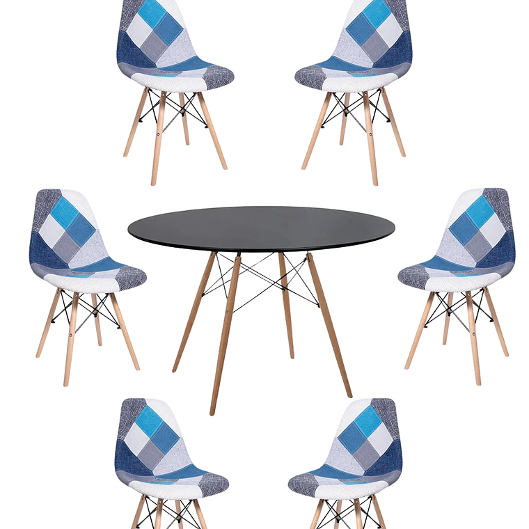 Comedor Mesa Redonda Melamina Eames Negra 120 cm + Sillas Patchwork 4
