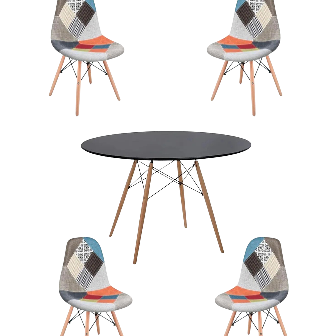 Comedor Mesa Redonda Melamina Eames Negra 120 cm + Sillas Patchwork 5