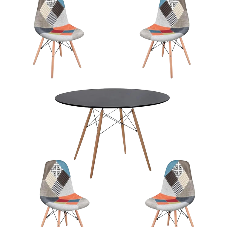 Comedor Mesa Redonda Melamina Eames Negra 120 cm + Sillas Patchwork 5