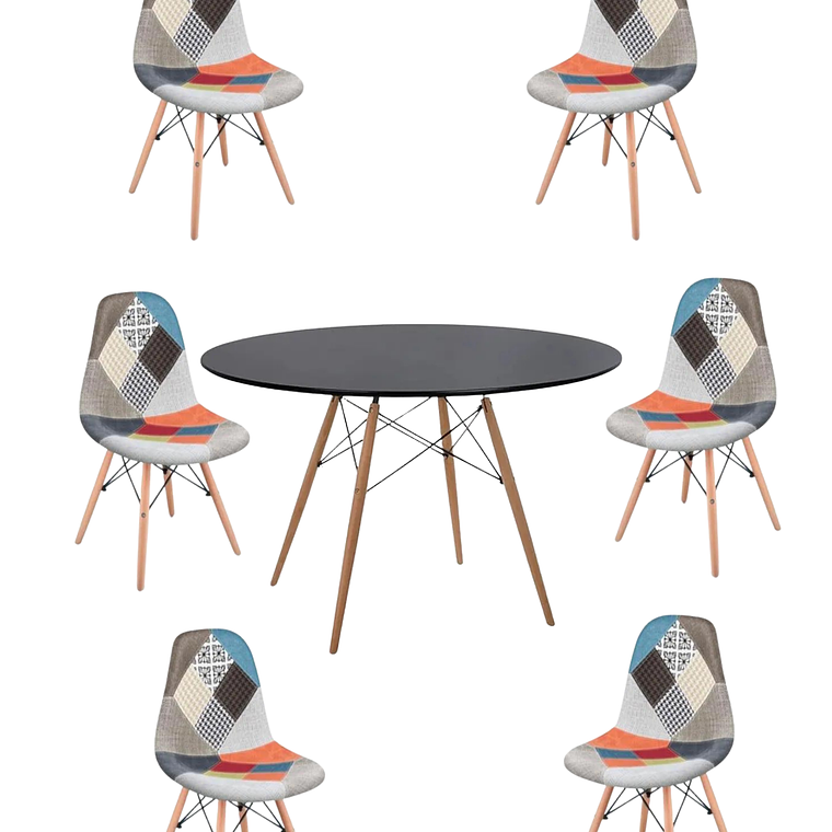 Comedor Mesa Redonda Melamina Eames Negra 120 cm + Sillas Patchwork 6