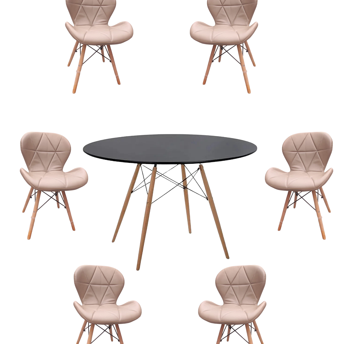 Comedor Mesa Redonda Melamina Eames Negra 120cm + Sillas Radar 2