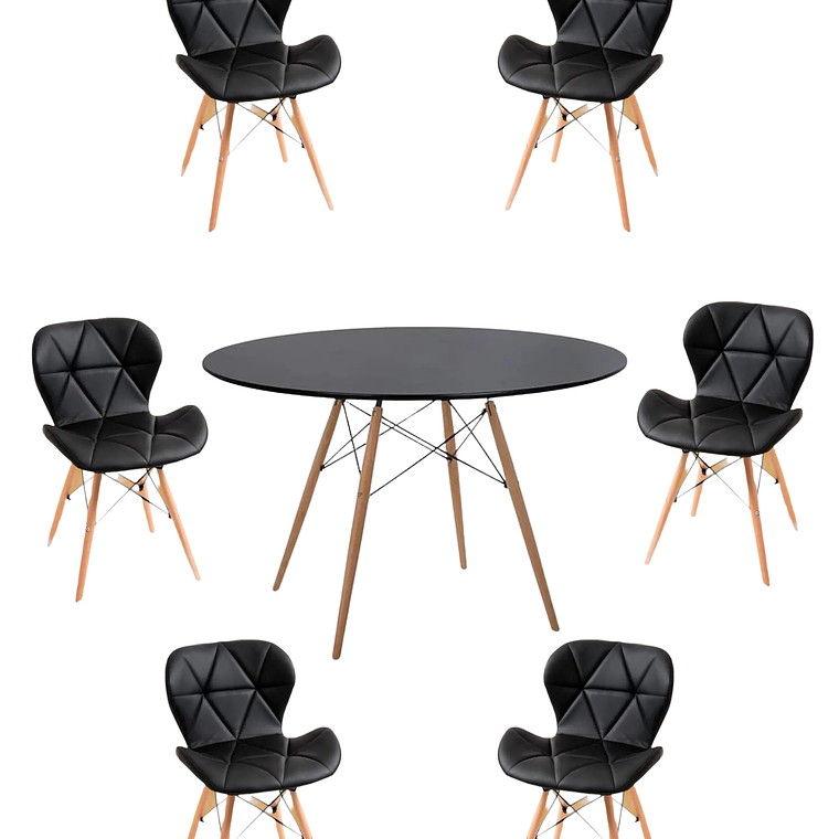 Comedor Mesa Redonda Melamina Eames Negra 120cm + Sillas Radar 6