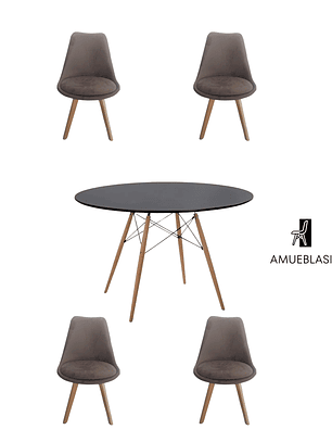Comedor Mesa Redonda Melamina Eames Negra 120 cm + Sillas Tulip Velvet