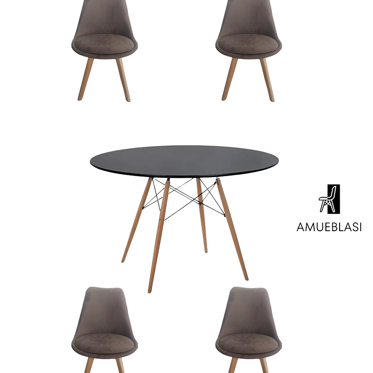 Comedor Mesa Redonda Melamina Eames Negra 120 cm + Sillas Tulip Velvet 1
