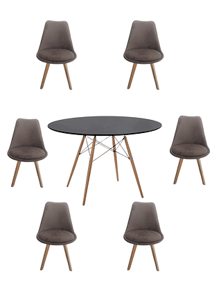 Comedor Mesa Redonda Melamina Eames Negra 120 cm + Sillas Tulip Velvet