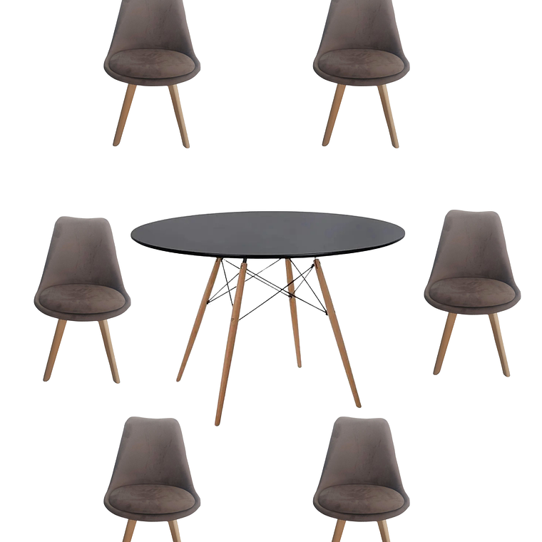 Comedor Mesa Redonda Melamina Eames Negra 120 cm + Sillas Tulip Velvet 2