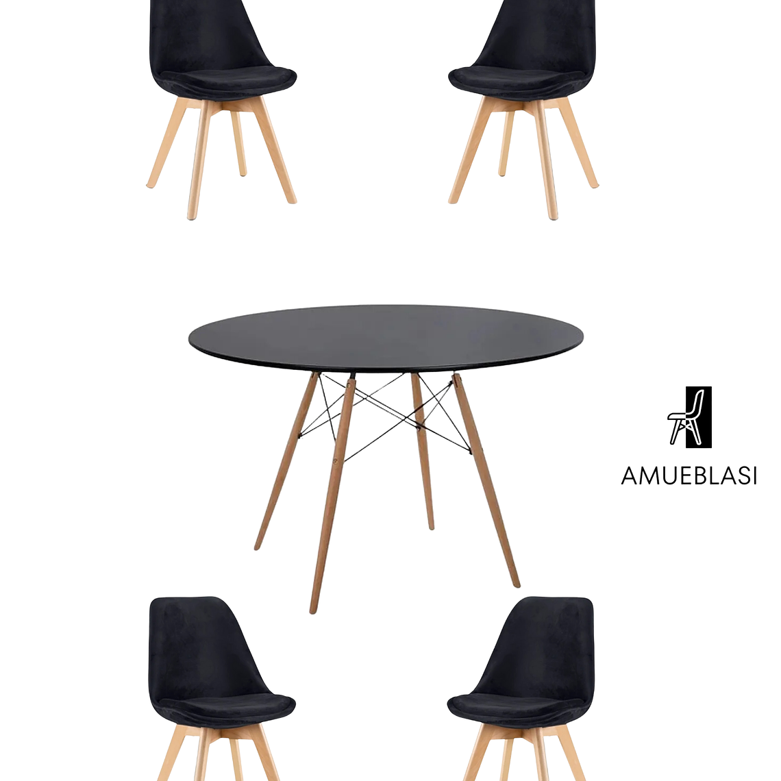 Comedor Mesa Redonda Melamina Eames Negra 120 cm + Sillas Tulip Velvet 3
