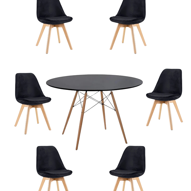 Comedor Mesa Redonda Melamina Eames Negra 120 cm + Sillas Tulip Velvet 4