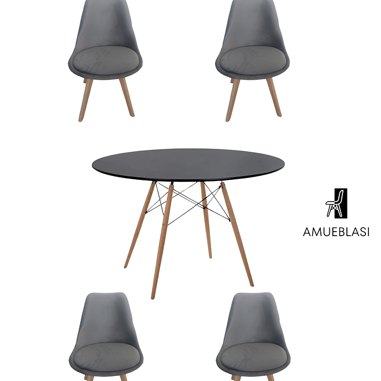 Comedor Mesa Redonda Melamina Eames Negra 120 cm + Sillas Tulip Velvet 5