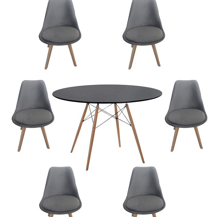 Comedor Mesa Redonda Melamina Eames Negra 120 cm + Sillas Tulip Velvet 6