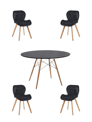 Comedor Mesa Redonda Melamina Eames Negra 120 cm + Sillas Radar Velvet