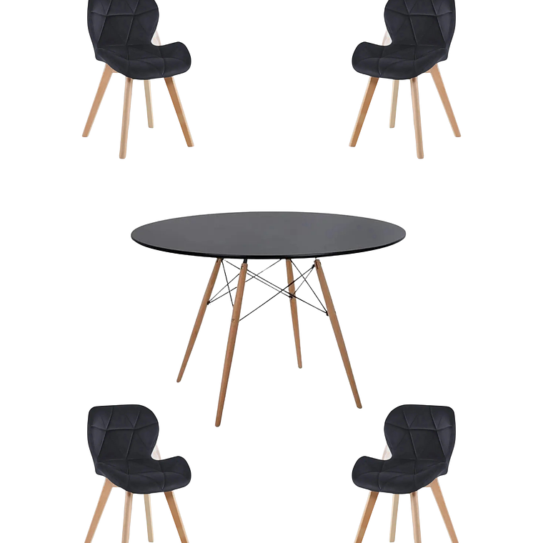 Comedor Mesa Redonda Melamina Eames Negra 120 cm + Sillas Radar Velvet 1