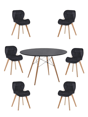 Comedor Mesa Redonda Melamina Eames Negra 120 cm + Sillas Radar Velvet
