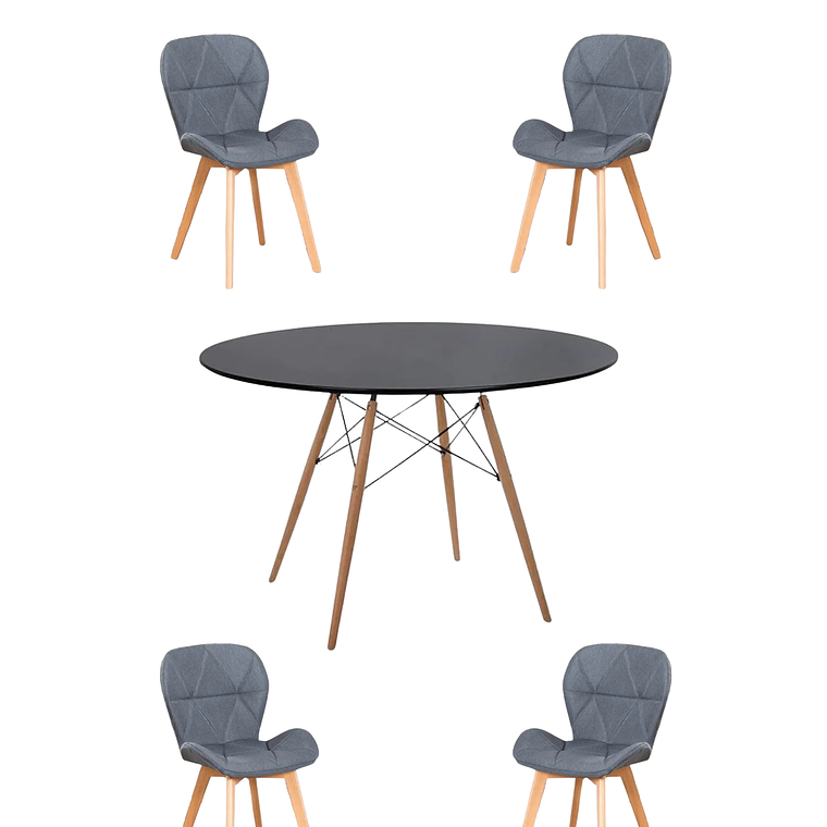 Comedor Mesa Redonda Melamina Eames Negra 120 cm + Sillas Radar Velvet 3