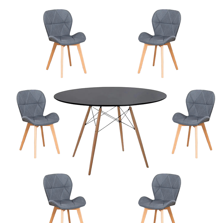 Comedor Mesa Redonda Melamina Eames Negra 120 cm + Sillas Radar Velvet 4