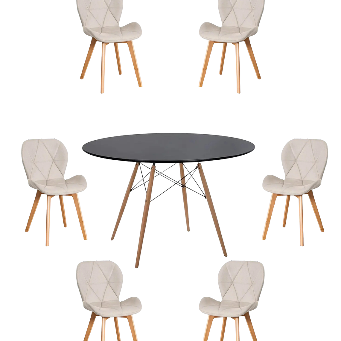 Comedor Mesa Redonda Melamina Eames Negra 120 cm + Sillas Radar Velvet 6