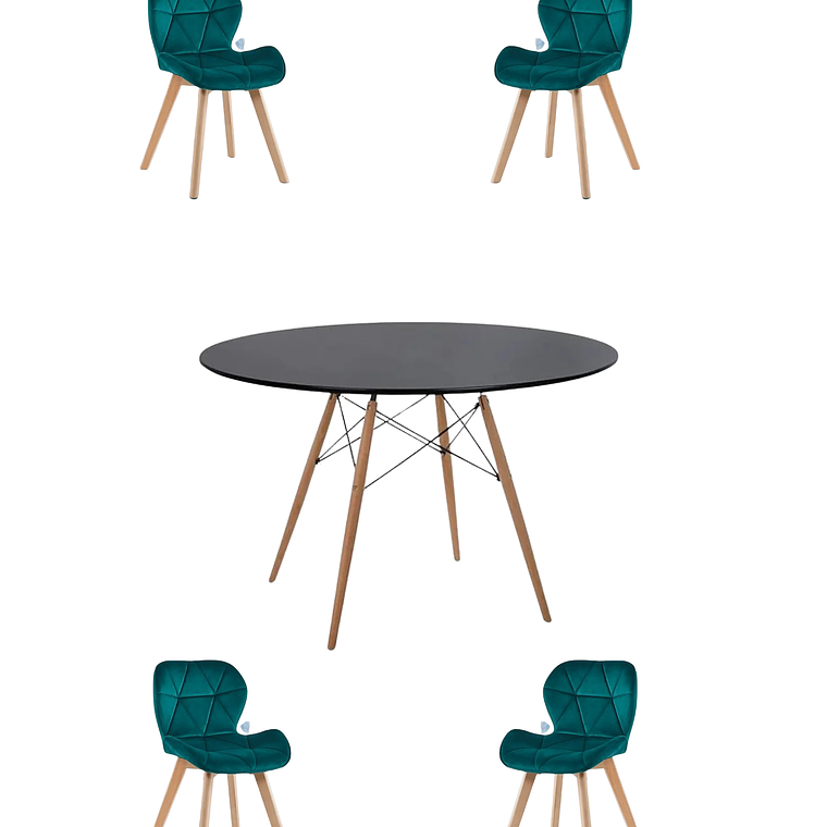 Comedor Mesa Redonda Melamina Eames Negra 120 cm + Sillas Radar Velvet 7