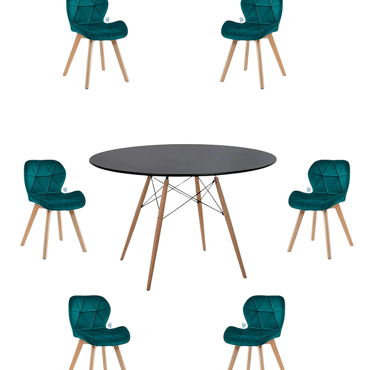 Comedor Mesa Redonda Melamina Eames Negra 120 cm + Sillas Radar Velvet 8