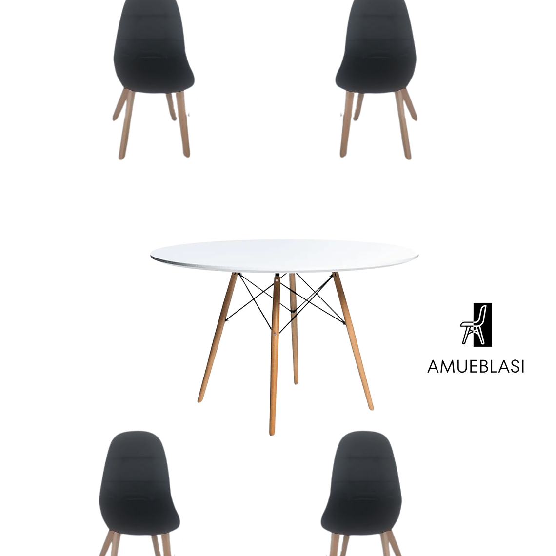 Comedor Mesa Redonda Melamina Eames Blanca 120 cm  + Sillas Capitone 1