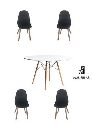 Comedor Mesa Redonda Melamina Eames Blanca 120 cm  + Sillas Capitone