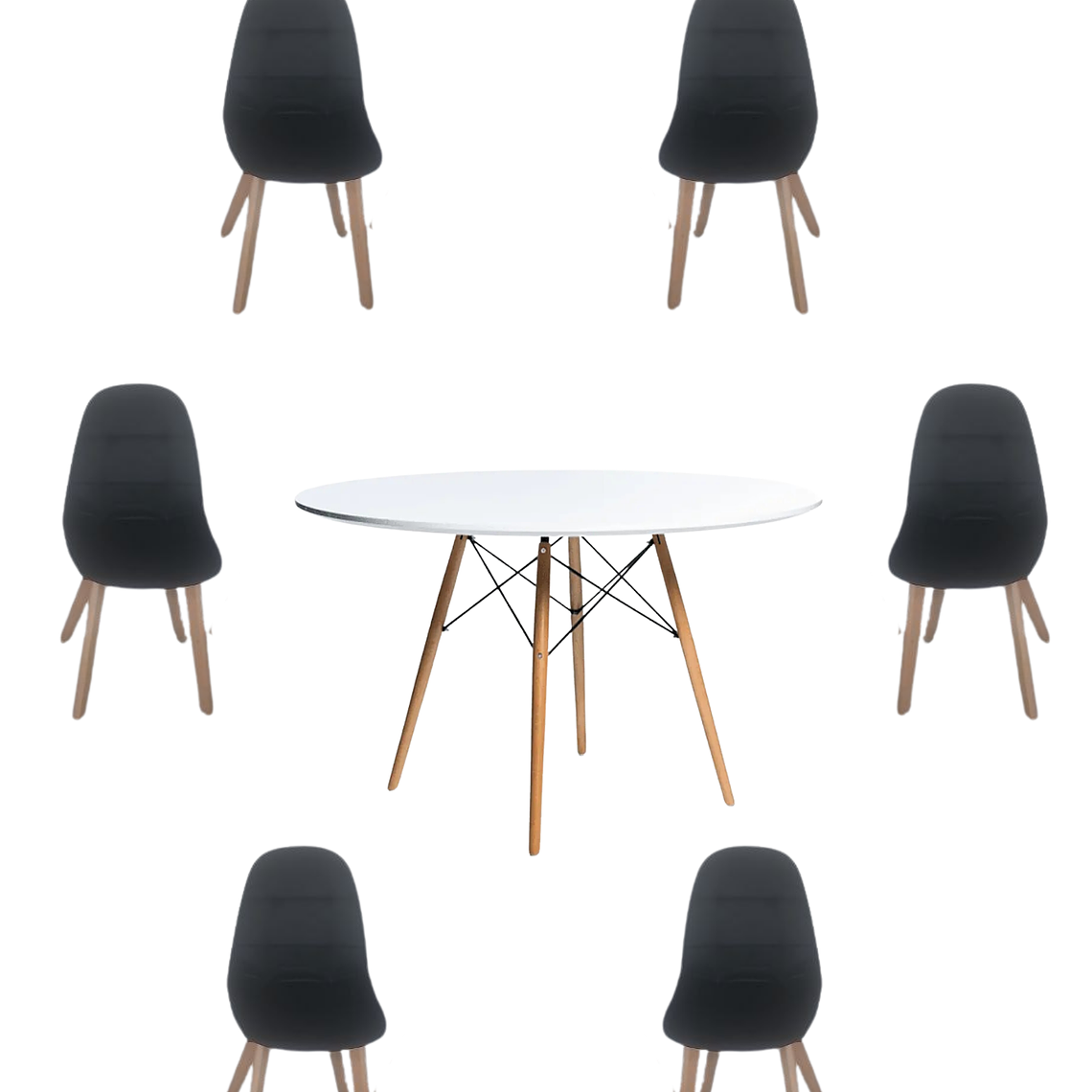 Comedor Mesa Redonda Melamina Eames Blanca 120 cm  + Sillas Capitone 2