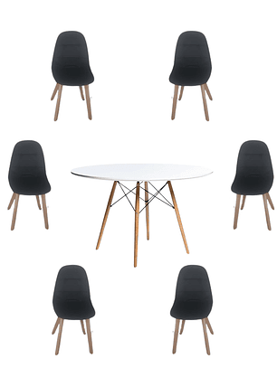 Comedor Mesa Redonda Melamina Eames Blanca 120 cm  + Sillas Capitone