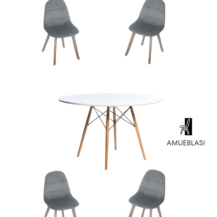 Comedor Mesa Redonda Melamina Eames Blanca 120 cm  + Sillas Capitone 3