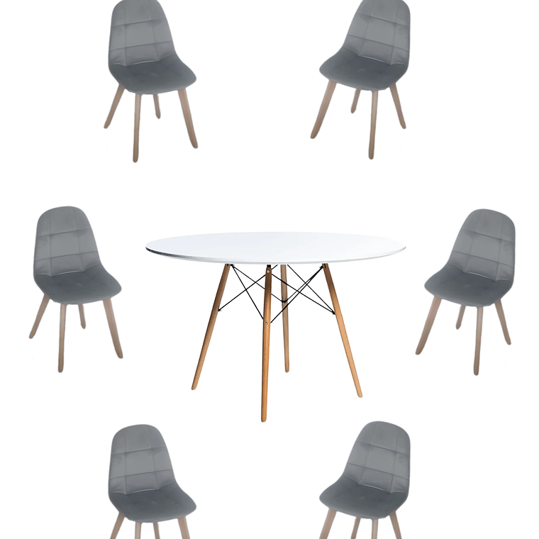 Comedor Mesa Redonda Melamina Eames Blanca 120 cm  + Sillas Capitone 4