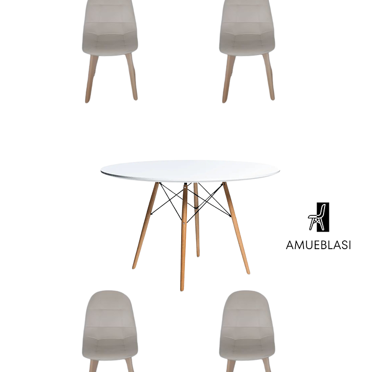 Comedor Mesa Redonda Melamina Eames Blanca 120 cm  + Sillas Capitone 5