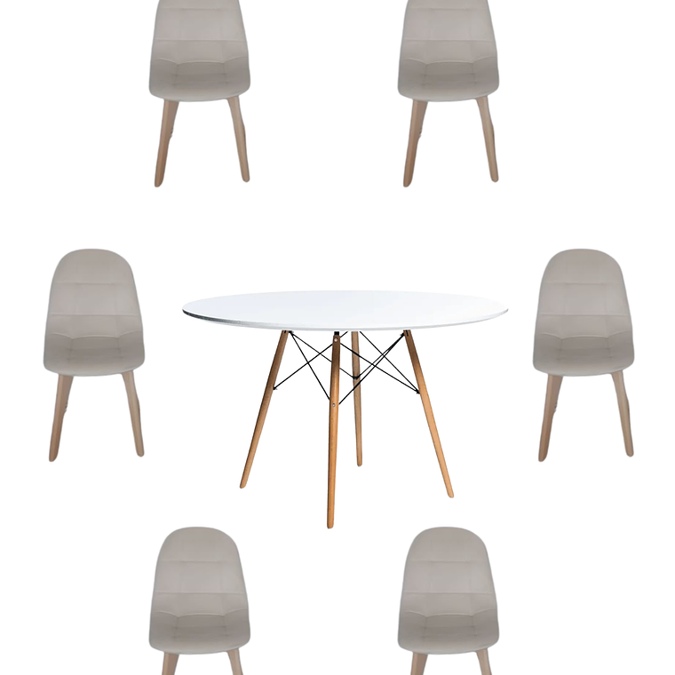 Comedor Mesa Redonda Melamina Eames Blanca 120 cm  + Sillas Capitone 6